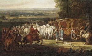 A Royal Carriage With Attendants In An Extensive Landscape