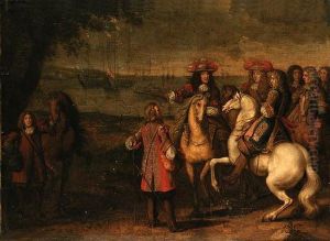 King Charles Ii And The Duke Of 
York With Other Figures Before Abay, With English Men-o-war Beyond
