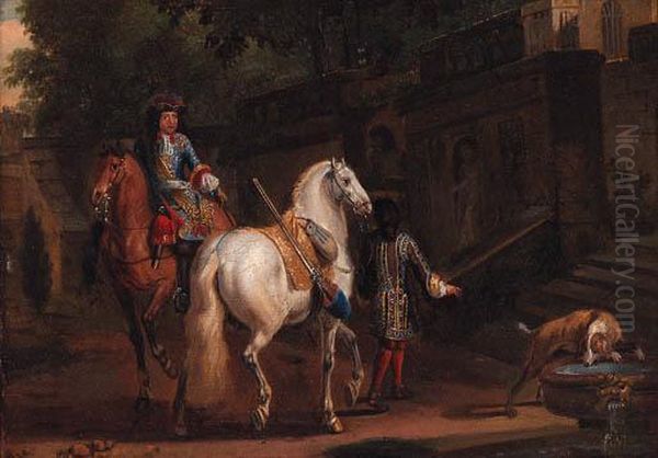 Elegant Horsemen By A Fountain - view 1