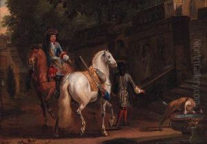 Elegant Horsemen By A Fountain by Adam Frans van der Meulen