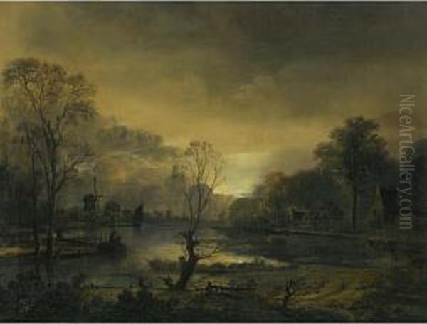 A River Landscape At Sunset With
Fishermen Drawing In Their Net In The Foreground, Windmills Beyond - view 1