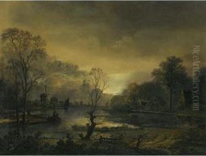 A River Landscape At Sunset With
Fishermen Drawing In Their Net In The Foreground, Windmills Beyond by Aert van der Neer