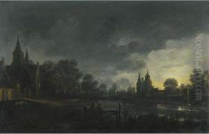 A Moonlit River Landscape With Figures Standing By A Gate, A Village Beyond by Aert van der Neer
