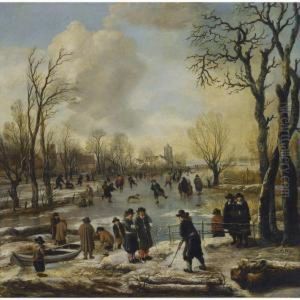 A Winter Landscape With 
Villagers Skating And Playing Kolf On A Frozen Canal, A Village Beyond by Aert van der Neer