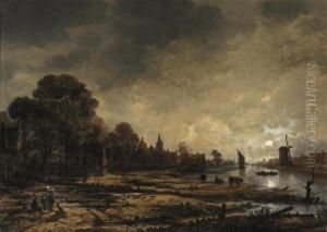 A Moonlit River Landscape With Figures Conversing On The Outskirts Of A Town by Aert van der Neer