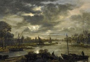 River Landscape In The Moonlight by Aert van der Neer