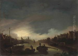 A Moonlit River Landscape With Figures At A Ferry Crossing