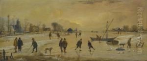 A Winter Landscape With Skaters And Kolf Players, A Village To Theleft by Aert van der Neer