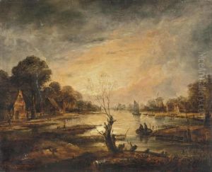 A Moonlit River Landscape With 
Cottages And A Windmill On Thebanks, Two Men On A Raft In The Foreground