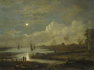 Broad River Landscape In The Moonlight. by Aert van der Neer
