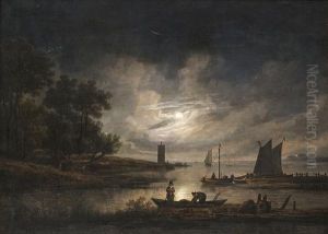 Paesaggio Fluviale Al Chiaro Di Luna Con Pescatori