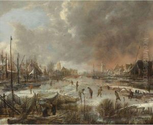 Winter Landscape With Sportsmen On A Frozen River