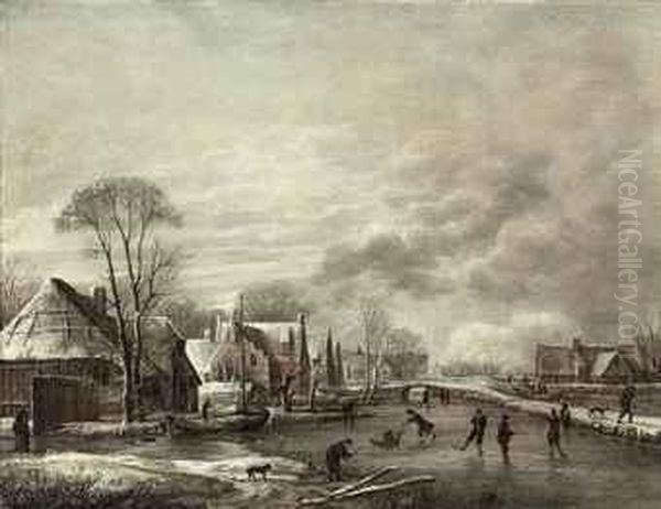 A Winter Landscape With Skaters By A Village - view 1