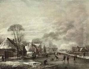 A Winter Landscape With Skaters By A Village by Aert van der Neer