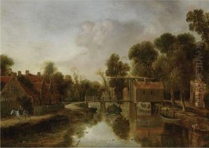 A Village With A Drawbridge Over
 A River, Figures In A Barge Pulledby A Horseman On A Path To The Left