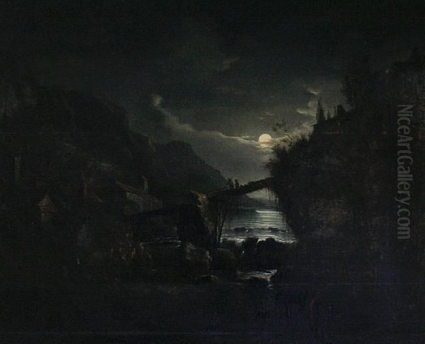 Moonlit River, With Figures Crossing A Bridgetowards Houses - view 1