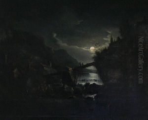 Moonlit River, With Figures Crossing A Bridgetowards Houses