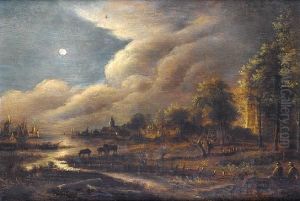 Herdsmen Grazing Their Cattle Before A Riverlandscape By Moonlight