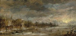 A Winter River Landscape With Skaters by Aert van der Neer