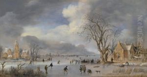 A Winter Landscape With Skaters And Kolf Players On A Frozen River by Aert van der Neer