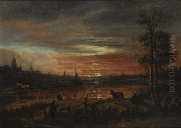 A View Across A Marshy River
Towards A Town After Sunset, Two Peasants And Cattle In The Foreground - view 1