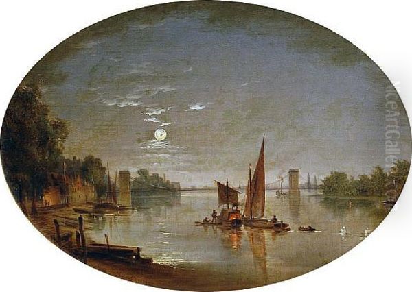 Barges On The Thames At Night - view 1