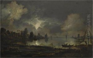View Of A Lakeside Town By Moonlight, With An Eel Trap In Theforeground by Aert van der Neer