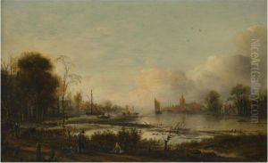 A River Estuary At Dusk With Figures Returning Home Along A Track,a Town Beyond