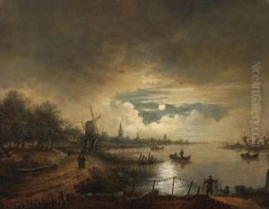 Landscape By Nightbeneath A 
Heavily Clouded Sky And Full Moon. On The Right A Riverscene With 
Fishermen, On The Left A Town And A Windmill