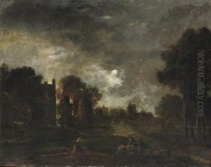 A Moonlit River Landscape With A Town On Fire by Aert van der Neer
