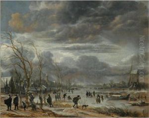 A Winter Lanscape With Figures
Battling Across A Frozen River Ina Snowstorm, A Post Mill To The Right by Aert van der Neer