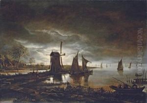 A Moonlit River Landscape With A Windmill And Fishing Boats