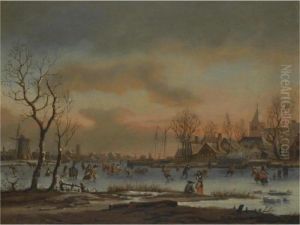 An Extensive Winter Landscape With Numerous Figures Skating, A Church Beyond by Aert van der Neer