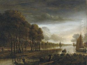 A Moonlit River Landscape With Boats Beyond by Aert van der Neer