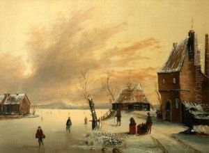 Figures On A Frozen Lake Beside Cottages