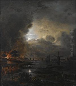 A Moonlit River Landscape With A Village Burning In The Background