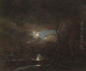 A Moonlit River Landscape With A Village In The Distance by Aert van der Neer