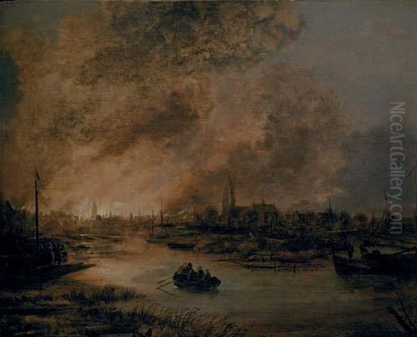 A River Landscape At Night With A Rowing Boat, A Burning City Beyond - view 1