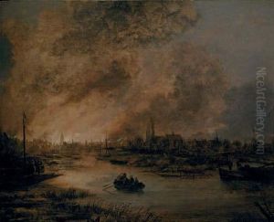 A River Landscape At Night With A Rowing Boat, A Burning City Beyond