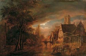 A Moonlit River Landscape With Fishermen, A Village Nearby