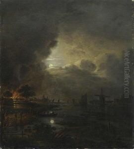 Niederlandische Flusslandschaft Bei Mondschein. by Aert van der Neer