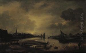 A Nocturnal Estuary Scene By Moonlight