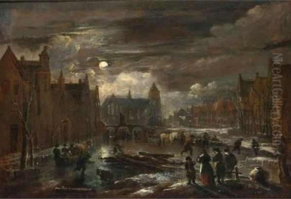 A Winter Landscape With Figures
And Horse-drawn Sleighs On A Frozen Canal In A Town By Moonlight, With A
Triple-arched Bridge And A Church In The Background - view 1