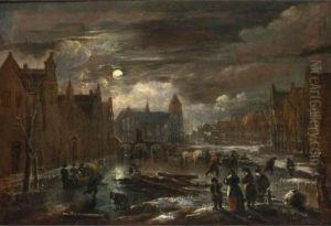 A Winter Landscape With Figures
And Horse-drawn Sleighs On A Frozen Canal In A Town By Moonlight, With A
Triple-arched Bridge And A Church In The Background by Aert van der Neer