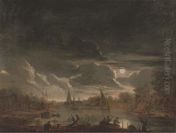 A Moonlit River Landscape With Fishermen Drawing In Their Nets - view 1