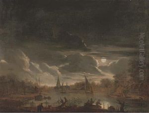 A Moonlit River Landscape With Fishermen Drawing In Their Nets by Aert van der Neer