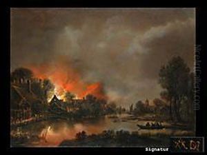 Nachtliche Kanallandschaft Mit Feuer In Einem Dorf