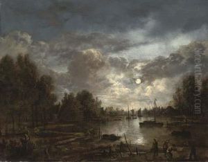 A Moonlit River Landscape With Figures And Shipping, A Townbeyond by Aert van der Neer