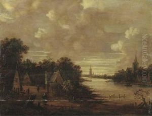 A Moonlit River Landscape With Figures On A Track, A Church In Thedistance