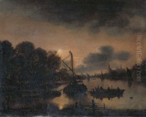 A Moonlit Landscape With Moored Vessels On A River by Aert van der Neer